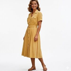 VTG 80s Marianna Sz 6 Yellow 100% Silk Midi Dress Retro Collar Button Up Belted